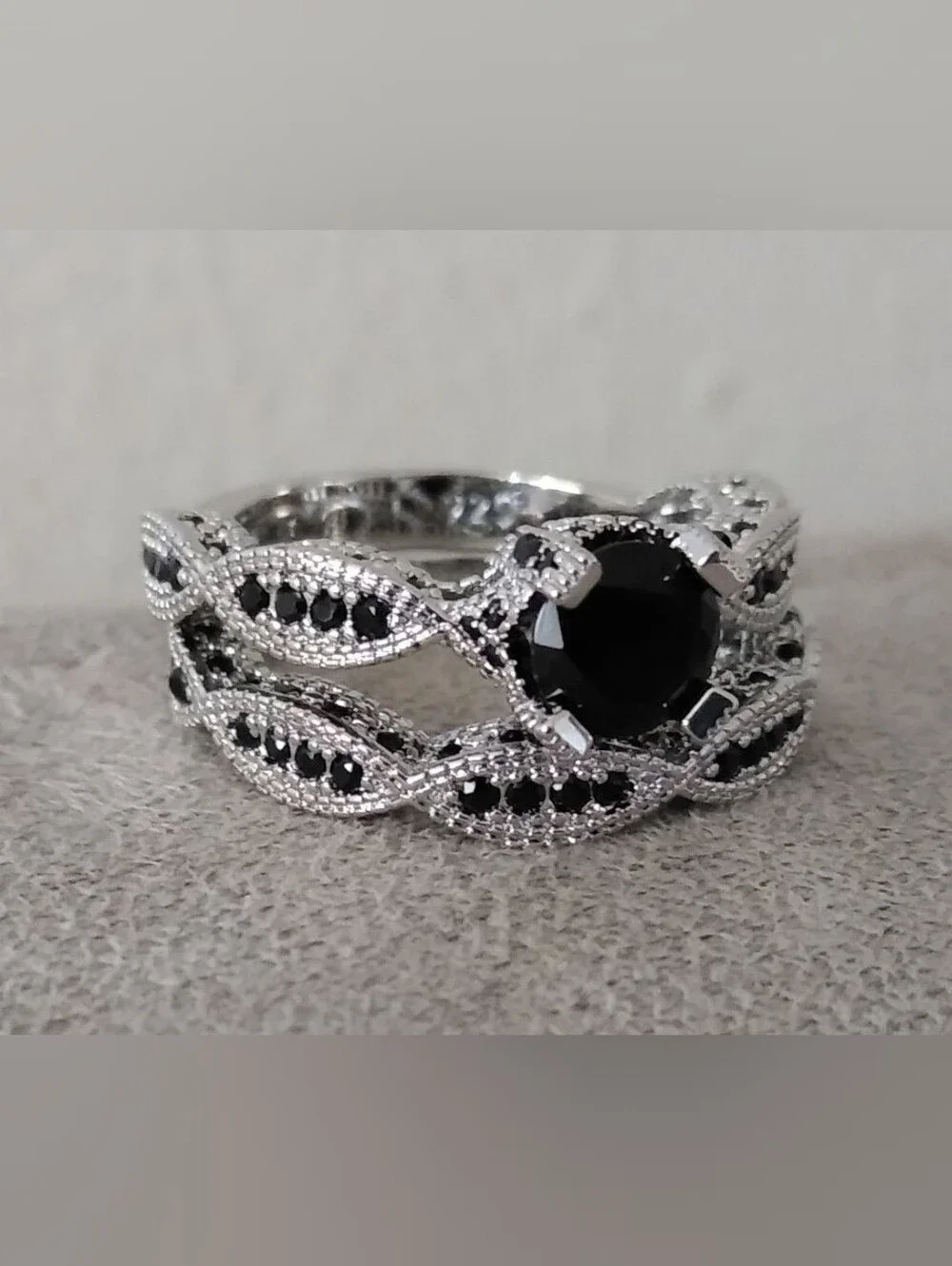 10k White Gold Over Silver 2 PC Onyx Solitaire W/Accents Eternity Ring Set Sz 10